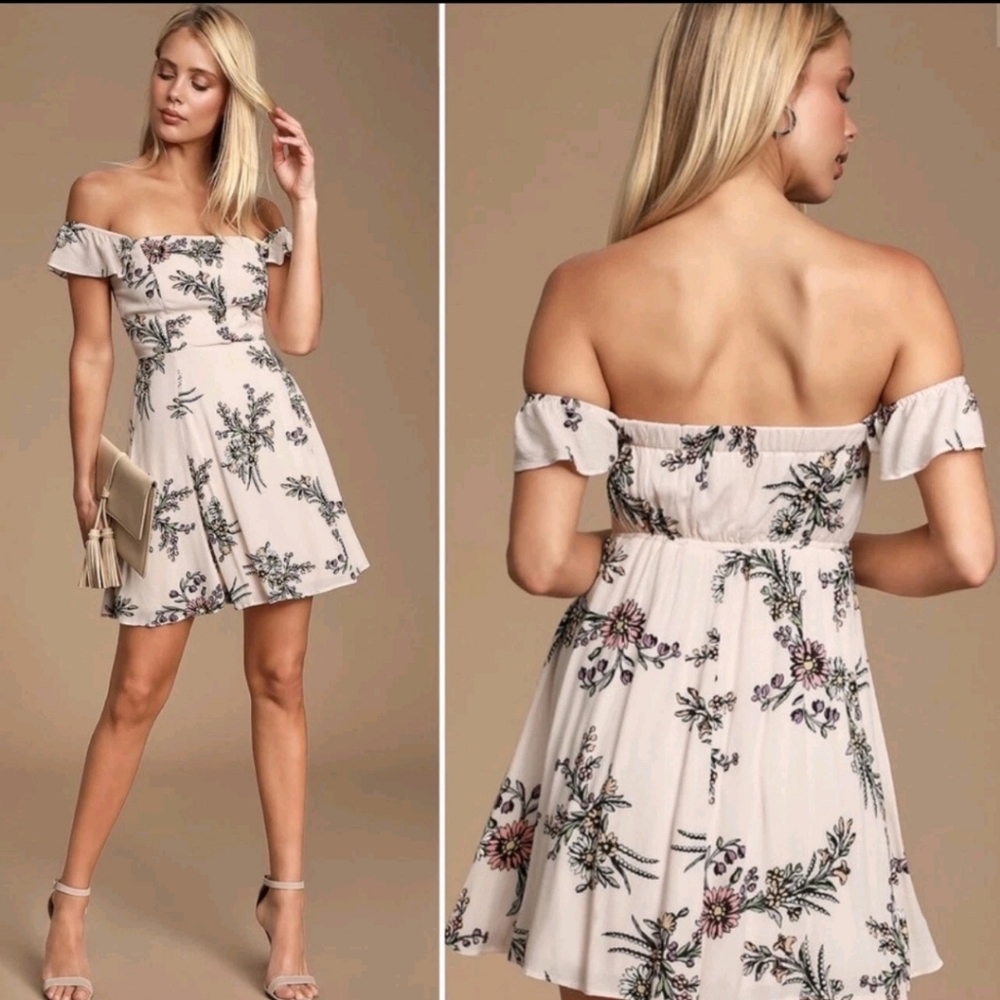Lulus One Sweet Day Mini Floral  Off Shoulder Dress Size Large